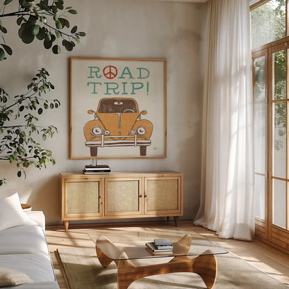 Road Trip Beetle Retro by Michael Mullan. Shown in a natural wood frame in a cozy modern living room. Available as an archival giclee rolled canvas, fine art paper, or poster print. SKU 32587a.