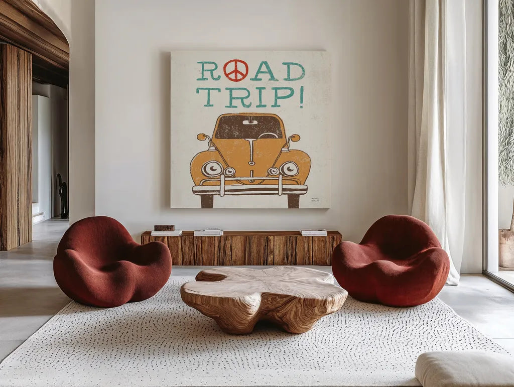 Road Trip Beetle Retro by Michael Mullan. Shown as extra-large giant wall art in a modern living room. Available as an archival giclee rolled canvas, fine art paper, or poster print. SKU 32587a.