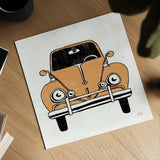 Road Trip Beetle v2 by Michael Mullan. Shown as a detailed flat fine art print, highlighting archival giclee quality. Available as an archival giclee rolled canvas, fine art paper, or poster print. SKU 104070a.