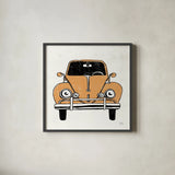 Road Trip Beetle v2 by Michael Mullan. Shown in a sleek black glass frame for a contemporary gallery look. Available as an archival giclee rolled canvas, fine art paper, or poster print. SKU 104070a.
