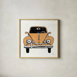 Road Trip Beetle v2 by Michael Mullan. Shown in a natural wood glass frame for a timeless modern aesthetic. Available as an archival giclee rolled canvas, fine art paper, or poster print. SKU 104070a.