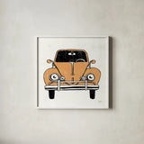 Road Trip Beetle v2 by Michael Mullan. Shown in a crisp white glass frame for a clean and minimalist style. Available as an archival giclee rolled canvas, fine art paper, or poster print. SKU 104070a.