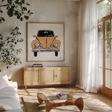 Road Trip Beetle v2 by Michael Mullan. Shown in a natural wood frame in a cozy modern living room. Available as an archival giclee rolled canvas, fine art paper, or poster print. SKU 104070a.