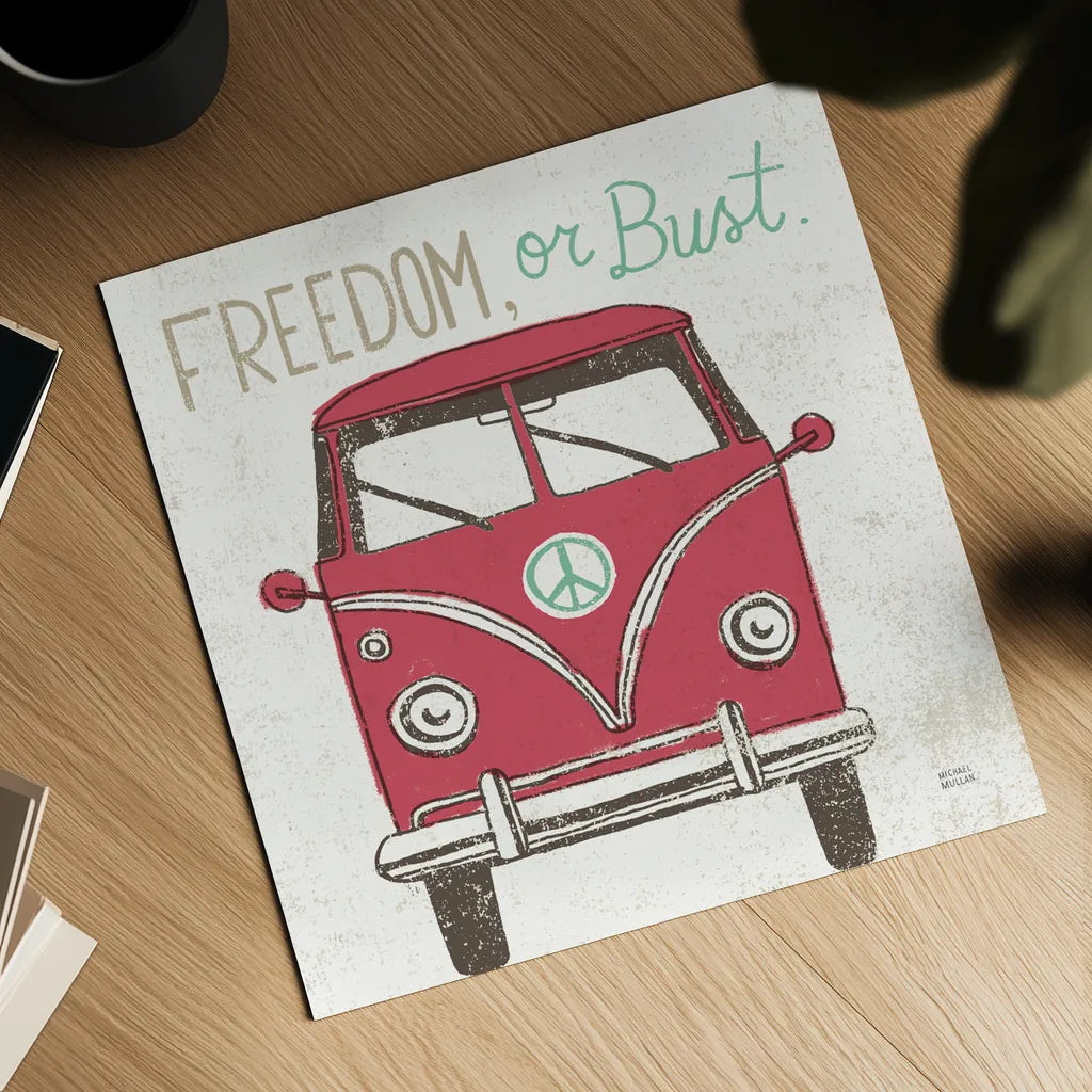 Road Trip Bus by Michael Mullan. Shown as a detailed flat fine art print, highlighting archival giclee quality. Available as an archival giclee rolled canvas, fine art paper, or poster print. SKU 17671a.