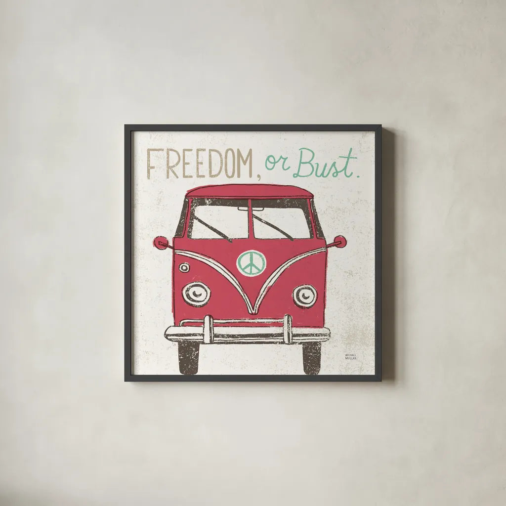Road Trip Bus by Michael Mullan. Shown in a sleek black glass frame for a contemporary gallery look. Available as an archival giclee rolled canvas, fine art paper, or poster print. SKU 17671a.