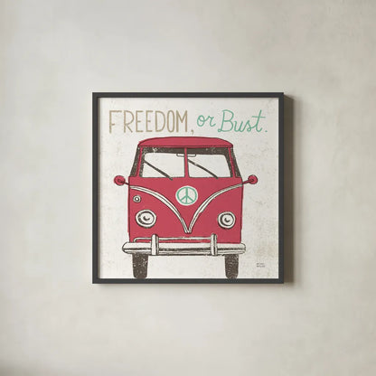 Road Trip Bus by Michael Mullan. Shown in a sleek black glass frame for a contemporary gallery look. Available as an archival giclee rolled canvas, fine art paper, or poster print. SKU 17671a.