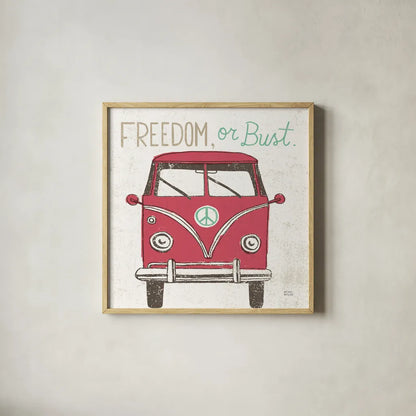 Road Trip Bus by Michael Mullan. Shown in a natural wood glass frame for a timeless modern aesthetic. Available as an archival giclee rolled canvas, fine art paper, or poster print. SKU 17671a.