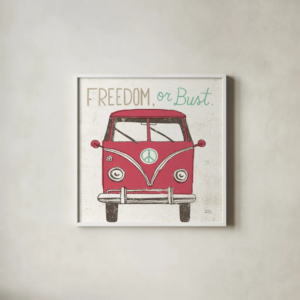 Road Trip Bus by Michael Mullan. Shown in a crisp white glass frame for a clean and minimalist style. Available as an archival giclee rolled canvas, fine art paper, or poster print. SKU 17671a.