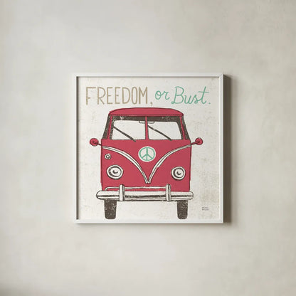 Road Trip Bus by Michael Mullan. Shown in a crisp white glass frame for a clean and minimalist style. Available as an archival giclee rolled canvas, fine art paper, or poster print. SKU 17671a.