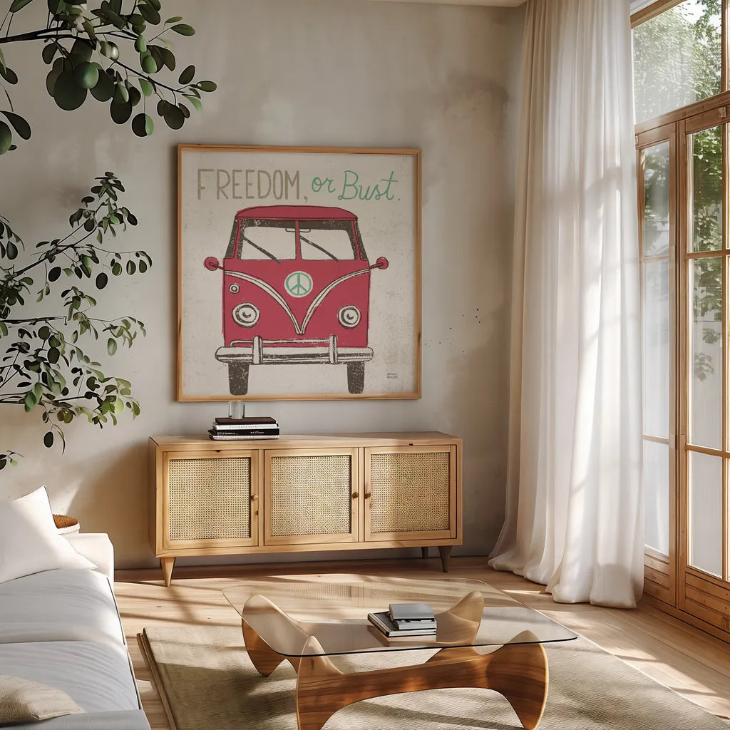 Road Trip Bus by Michael Mullan. Shown in a natural wood frame in a cozy modern living room. Available as an archival giclee rolled canvas, fine art paper, or poster print. SKU 17671a.