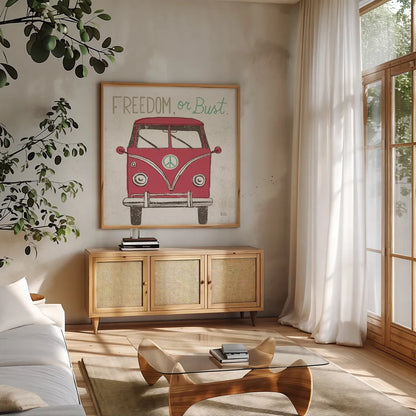 Road Trip Bus by Michael Mullan. Shown in a natural wood frame in a cozy modern living room. Available as an archival giclee rolled canvas, fine art paper, or poster print. SKU 17671a.