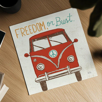 Road Trip Bus Retro by Michael Mullan. Shown as a detailed flat fine art print, highlighting archival giclee quality. Available as an archival giclee rolled canvas, fine art paper, or poster print. SKU 32580a.