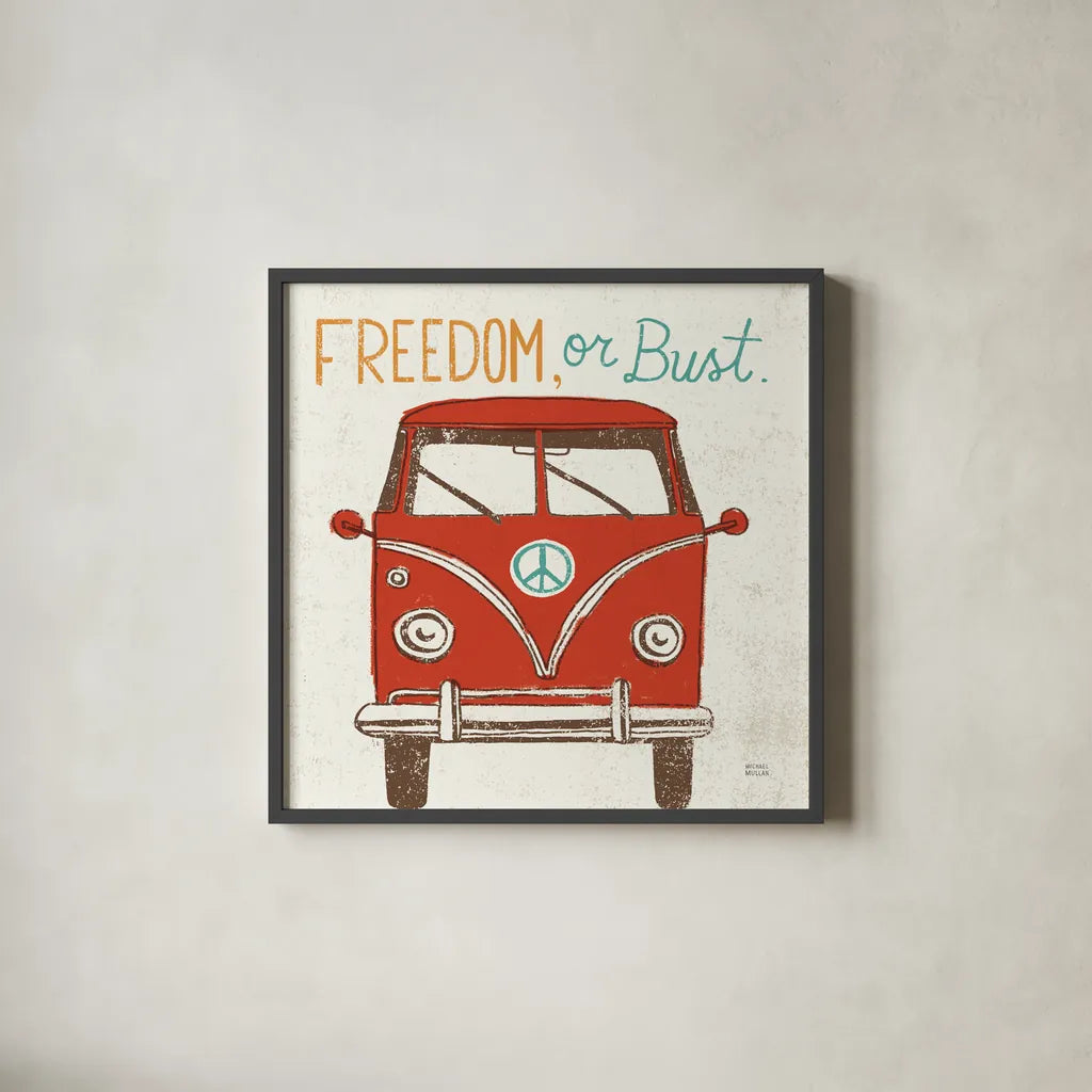 Road Trip Bus Retro by Michael Mullan. Shown in a sleek black glass frame for a contemporary gallery look. Available as an archival giclee rolled canvas, fine art paper, or poster print. SKU 32580a.