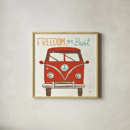 Road Trip Bus Retro by Michael Mullan. Shown in a natural wood glass frame for a timeless modern aesthetic. Available as an archival giclee rolled canvas, fine art paper, or poster print. SKU 32580a.