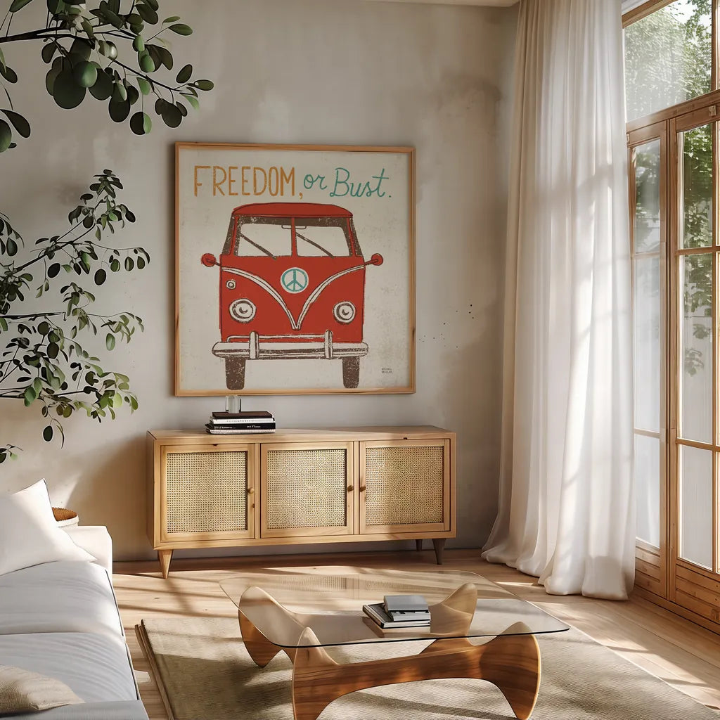 Road Trip Bus Retro by Michael Mullan. Shown in a natural wood frame in a cozy modern living room. Available as an archival giclee rolled canvas, fine art paper, or poster print. SKU 32580a.
