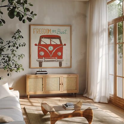 Road Trip Bus Retro by Michael Mullan. Shown in a natural wood frame in a cozy modern living room. Available as an archival giclee rolled canvas, fine art paper, or poster print. SKU 32580a.
