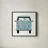 Road Trip Bus v2 by Michael Mullan. Shown in a sleek black glass frame for a contemporary gallery look. Available as an archival giclee rolled canvas, fine art paper, or poster print. SKU 104071a.