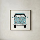 Road Trip Bus v2 by Michael Mullan. Shown in a natural wood glass frame for a timeless modern aesthetic. Available as an archival giclee rolled canvas, fine art paper, or poster print. SKU 104071a.