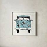 Road Trip Bus v2 by Michael Mullan. Shown in a crisp white glass frame for a clean and minimalist style. Available as an archival giclee rolled canvas, fine art paper, or poster print. SKU 104071a.