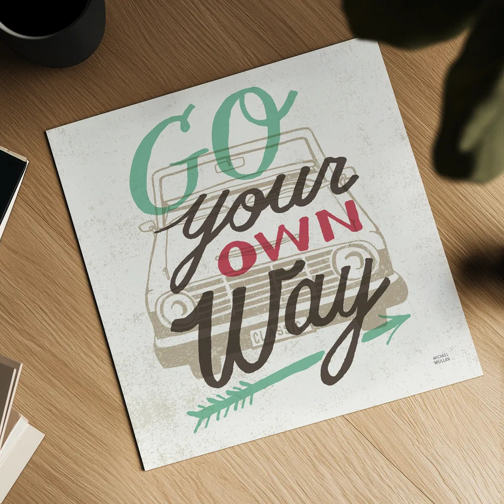 Road Trip Go Your Own Way by Michael Mullan. Shown as a detailed flat fine art print, highlighting archival giclee quality. Available as an archival giclee rolled canvas, fine art paper, or poster print. SKU 19883a.