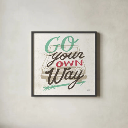 Road Trip Go Your Own Way by Michael Mullan. Shown in a sleek black glass frame for a contemporary gallery look. Available as an archival giclee rolled canvas, fine art paper, or poster print. SKU 19883a.