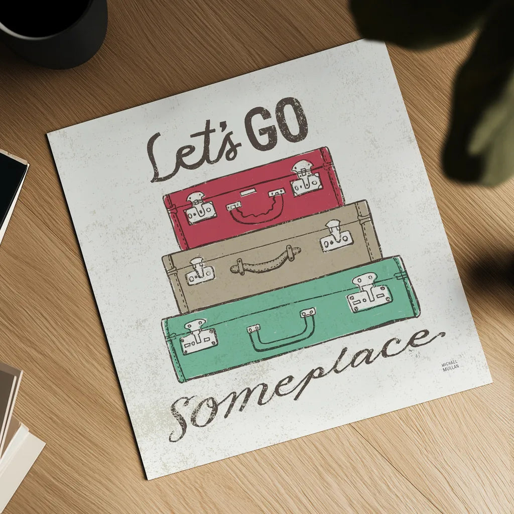 Road Trip Luggage by Michael Mullan. Shown as a detailed flat fine art print, highlighting archival giclee quality. Available as an archival giclee rolled canvas, fine art paper, or poster print. SKU 17673a.