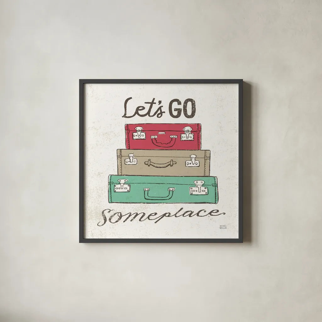 Road Trip Luggage by Michael Mullan. Shown in a sleek black glass frame for a contemporary gallery look. Available as an archival giclee rolled canvas, fine art paper, or poster print. SKU 17673a.