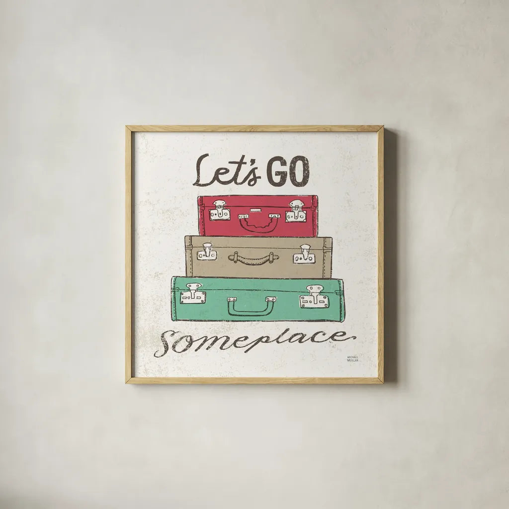 Road Trip Luggage by Michael Mullan. Shown in a natural wood glass frame for a timeless modern aesthetic. Available as an archival giclee rolled canvas, fine art paper, or poster print. SKU 17673a.