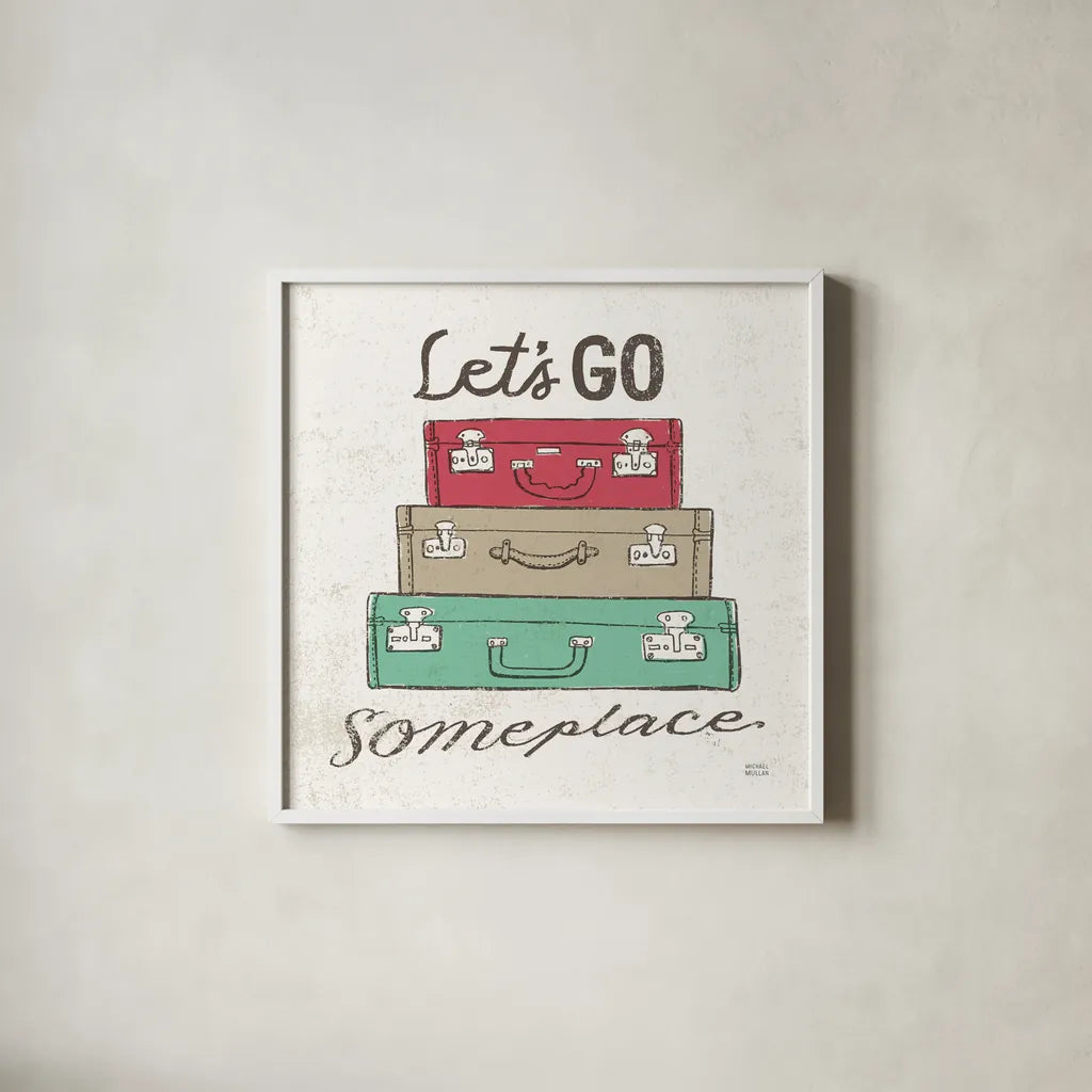 Road Trip Luggage by Michael Mullan. Shown in a crisp white glass frame for a clean and minimalist style. Available as an archival giclee rolled canvas, fine art paper, or poster print. SKU 17673a.