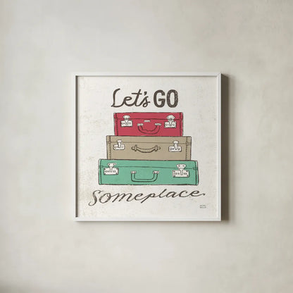 Road Trip Luggage by Michael Mullan. Shown in a crisp white glass frame for a clean and minimalist style. Available as an archival giclee rolled canvas, fine art paper, or poster print. SKU 17673a.