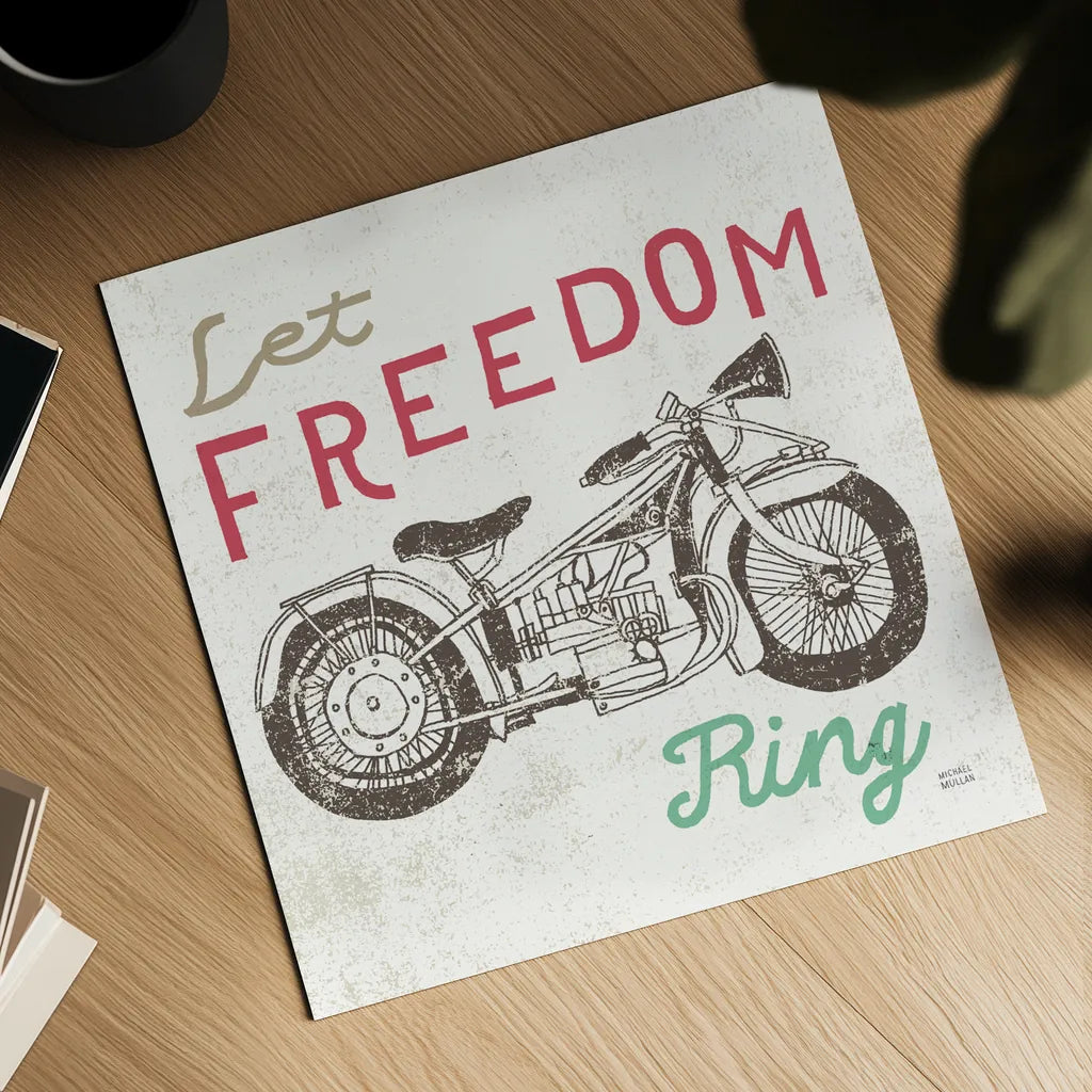 Road Trip Motorcycle by Michael Mullan. Shown as a detailed flat fine art print, highlighting archival giclee quality. Available as an archival giclee rolled canvas, fine art paper, or poster print. SKU 17674a.