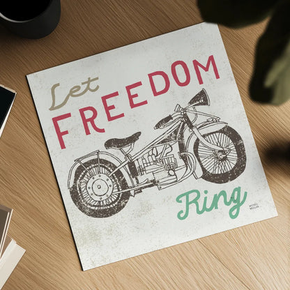 Road Trip Motorcycle by Michael Mullan. Shown as a detailed flat fine art print, highlighting archival giclee quality. Available as an archival giclee rolled canvas, fine art paper, or poster print. SKU 17674a.