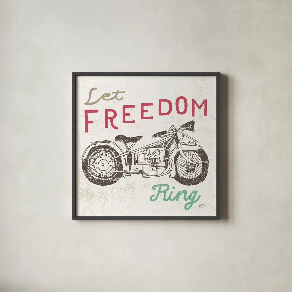 Road Trip Motorcycle by Michael Mullan. Shown in a sleek black glass frame for a contemporary gallery look. Available as an archival giclee rolled canvas, fine art paper, or poster print. SKU 17674a.