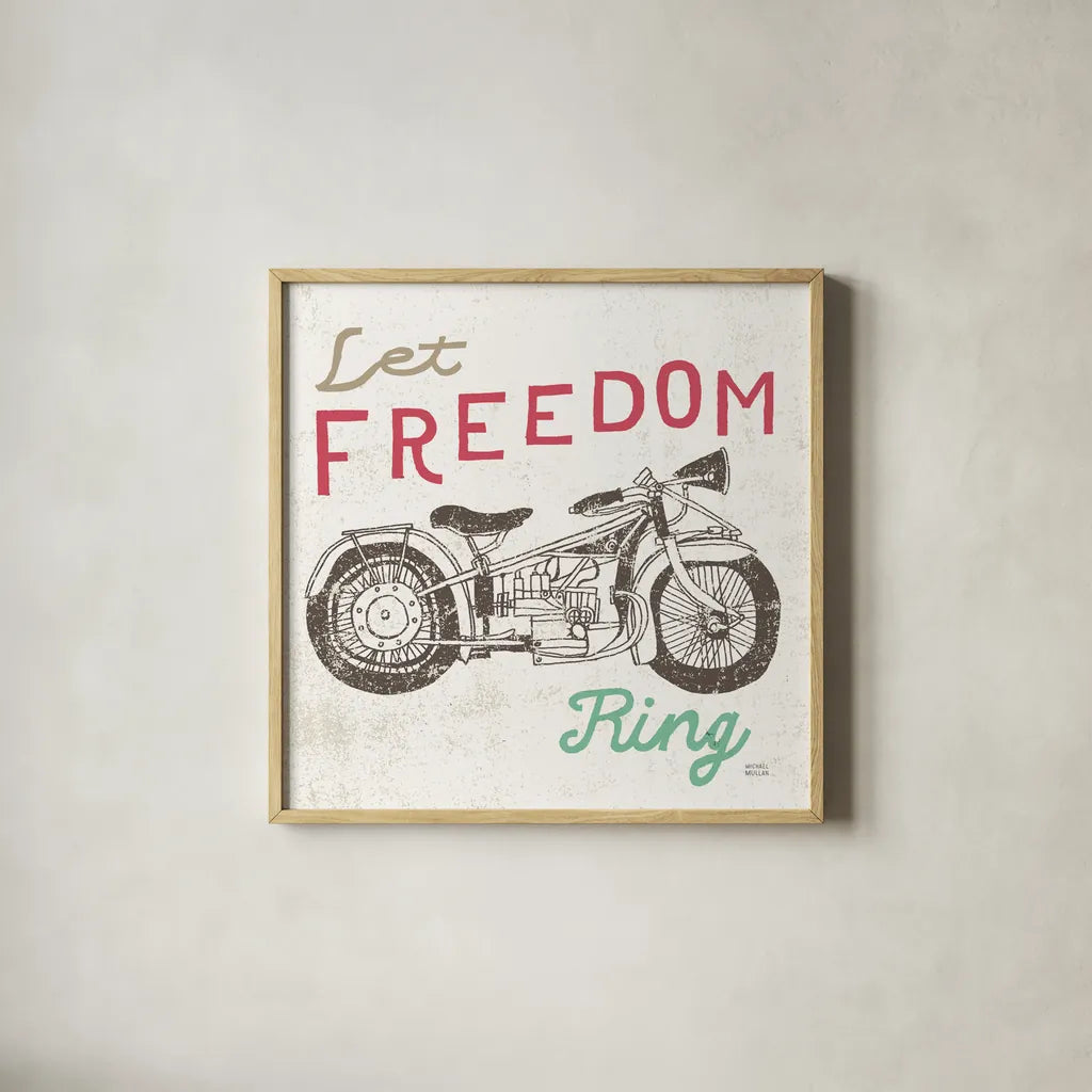 Road Trip Motorcycle by Michael Mullan. Shown in a natural wood glass frame for a timeless modern aesthetic. Available as an archival giclee rolled canvas, fine art paper, or poster print. SKU 17674a.