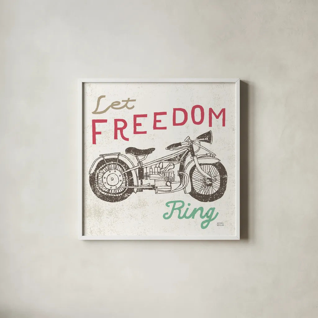 Road Trip Motorcycle by Michael Mullan. Shown in a crisp white glass frame for a clean and minimalist style. Available as an archival giclee rolled canvas, fine art paper, or poster print. SKU 17674a.