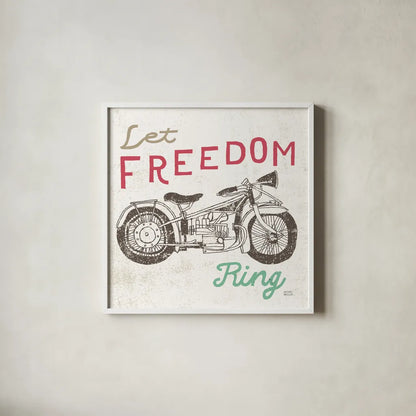 Road Trip Motorcycle by Michael Mullan. Shown in a crisp white glass frame for a clean and minimalist style. Available as an archival giclee rolled canvas, fine art paper, or poster print. SKU 17674a.