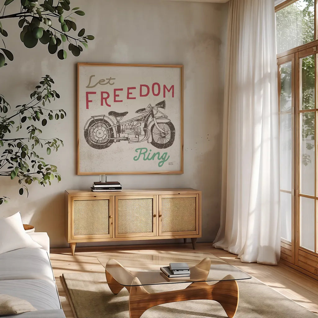 Road Trip Motorcycle by Michael Mullan. Shown in a natural wood frame in a cozy modern living room. Available as an archival giclee rolled canvas, fine art paper, or poster print. SKU 17674a.