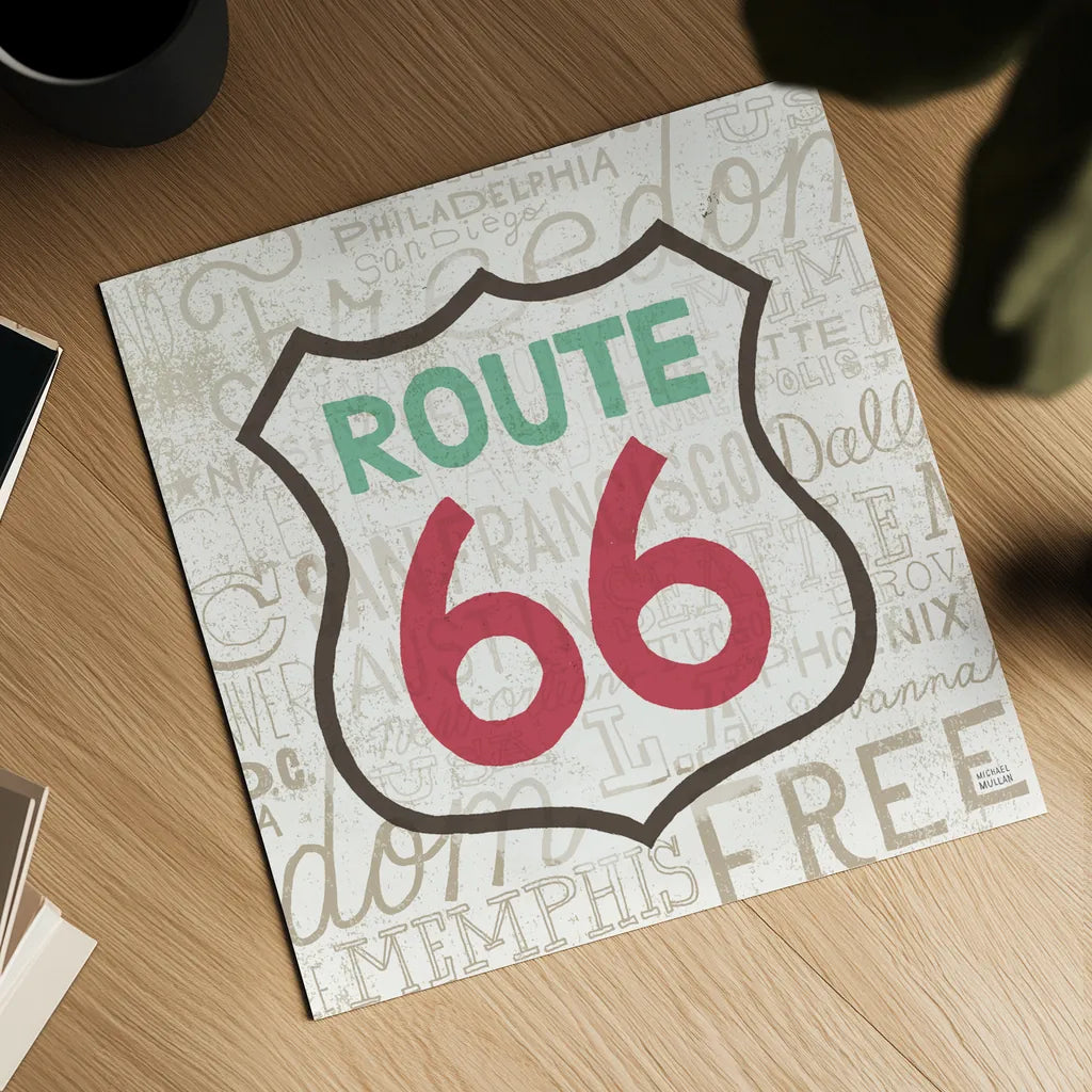 Road Trip Route 66 by Michael Mullan. Shown as a detailed flat fine art print, highlighting archival giclee quality. Available as an archival giclee rolled canvas, fine art paper, or poster print. SKU 19196a.