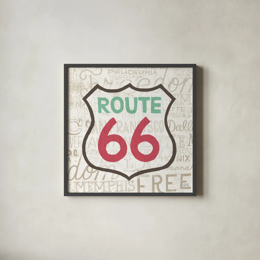 Road Trip Route 66 by Michael Mullan. Shown in a sleek black glass frame for a contemporary gallery look. Available as an archival giclee rolled canvas, fine art paper, or poster print. SKU 19196a.
