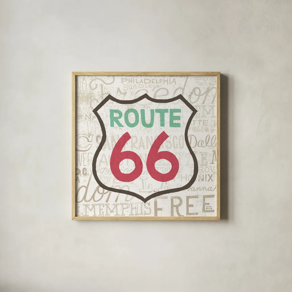 Road Trip Route 66 by Michael Mullan. Shown in a natural wood glass frame for a timeless modern aesthetic. Available as an archival giclee rolled canvas, fine art paper, or poster print. SKU 19196a.