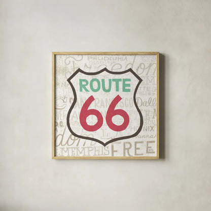 Road Trip Route 66 by Michael Mullan. Shown in a natural wood glass frame for a timeless modern aesthetic. Available as an archival giclee rolled canvas, fine art paper, or poster print. SKU 19196a.