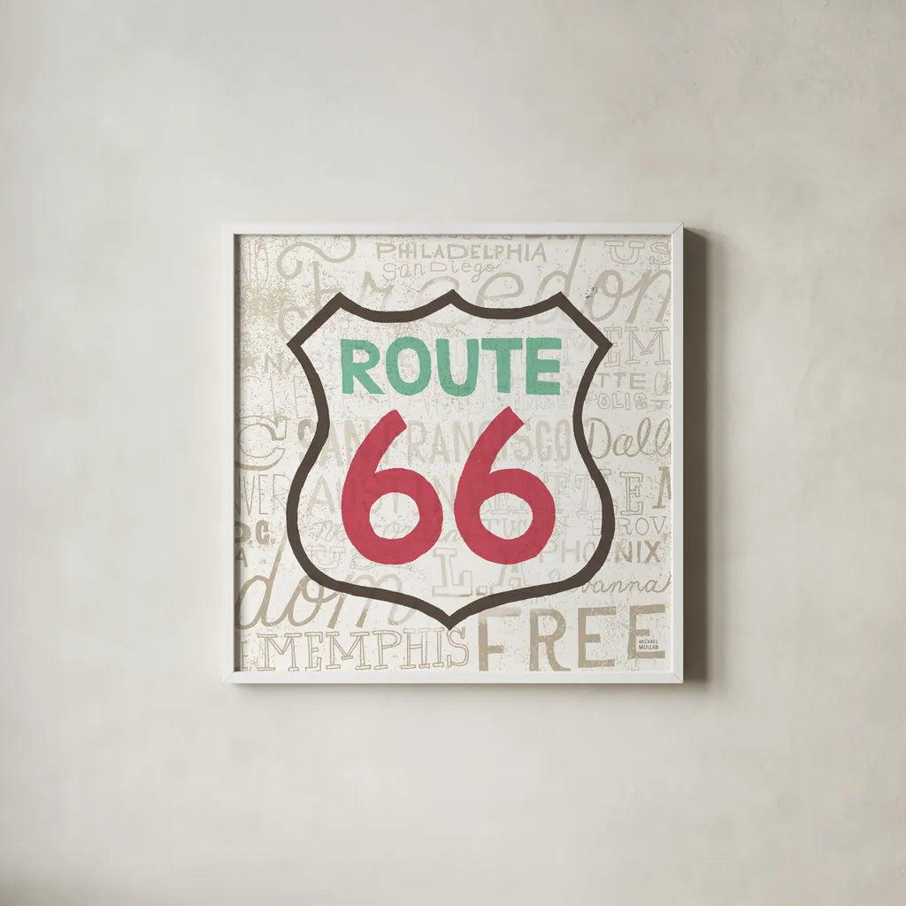 Road Trip Route 66 by Michael Mullan. Shown in a crisp white glass frame for a clean and minimalist style. Available as an archival giclee rolled canvas, fine art paper, or poster print. SKU 19196a.