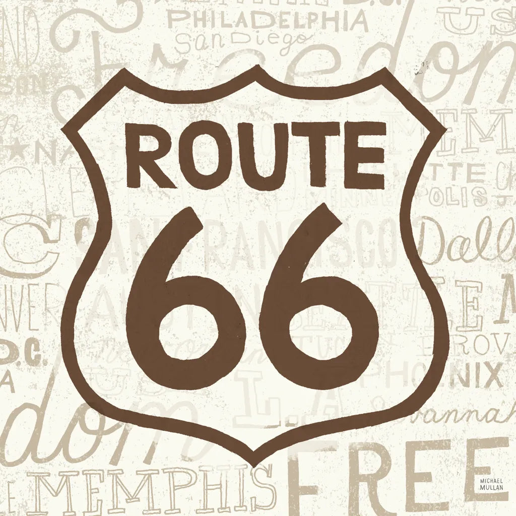 Road Trip Route 66 Brown by Michael Mullan. SKU 32583a. Archival Giclee Fine art print for wall decor.