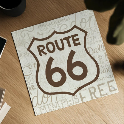 Road Trip Route 66 Brown by Michael Mullan. Shown as a detailed flat fine art print, highlighting archival giclee quality. Available as an archival giclee rolled canvas, fine art paper, or poster print. SKU 32583a.