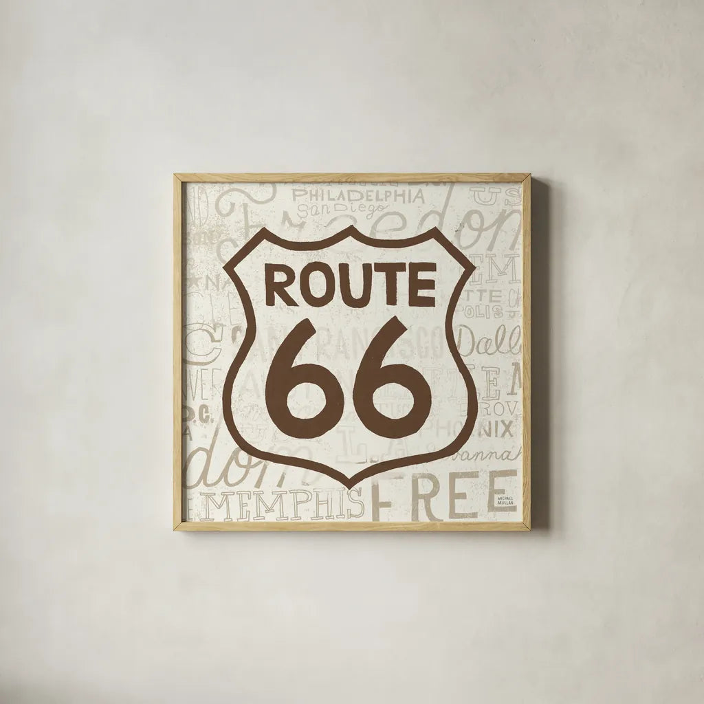 Road Trip Route 66 Brown by Michael Mullan. Shown in a natural wood glass frame for a timeless modern aesthetic. Available as an archival giclee rolled canvas, fine art paper, or poster print. SKU 32583a.