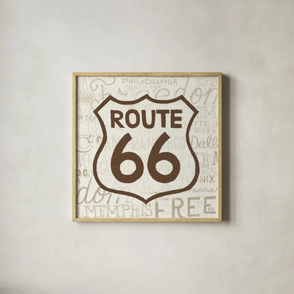 Road Trip Route 66 Brown by Michael Mullan. Shown in a natural wood glass frame for a timeless modern aesthetic. Available as an archival giclee rolled canvas, fine art paper, or poster print. SKU 32583a.