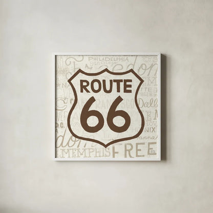 Road Trip Route 66 Brown by Michael Mullan. Shown in a crisp white glass frame for a clean and minimalist style. Available as an archival giclee rolled canvas, fine art paper, or poster print. SKU 32583a.