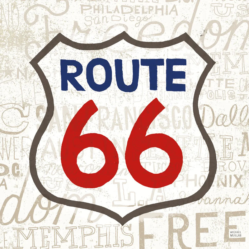 Road Trip Route 66 Navy Red by Michael Mullan. SKU 32582a. Archival Giclee Fine art print for wall decor.