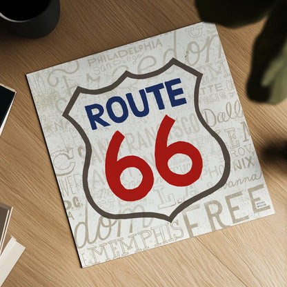 Road Trip Route 66 Navy Red by Michael Mullan. Shown as a detailed flat fine art print, highlighting archival giclee quality. Available as an archival giclee rolled canvas, fine art paper, or poster print. SKU 32582a.
