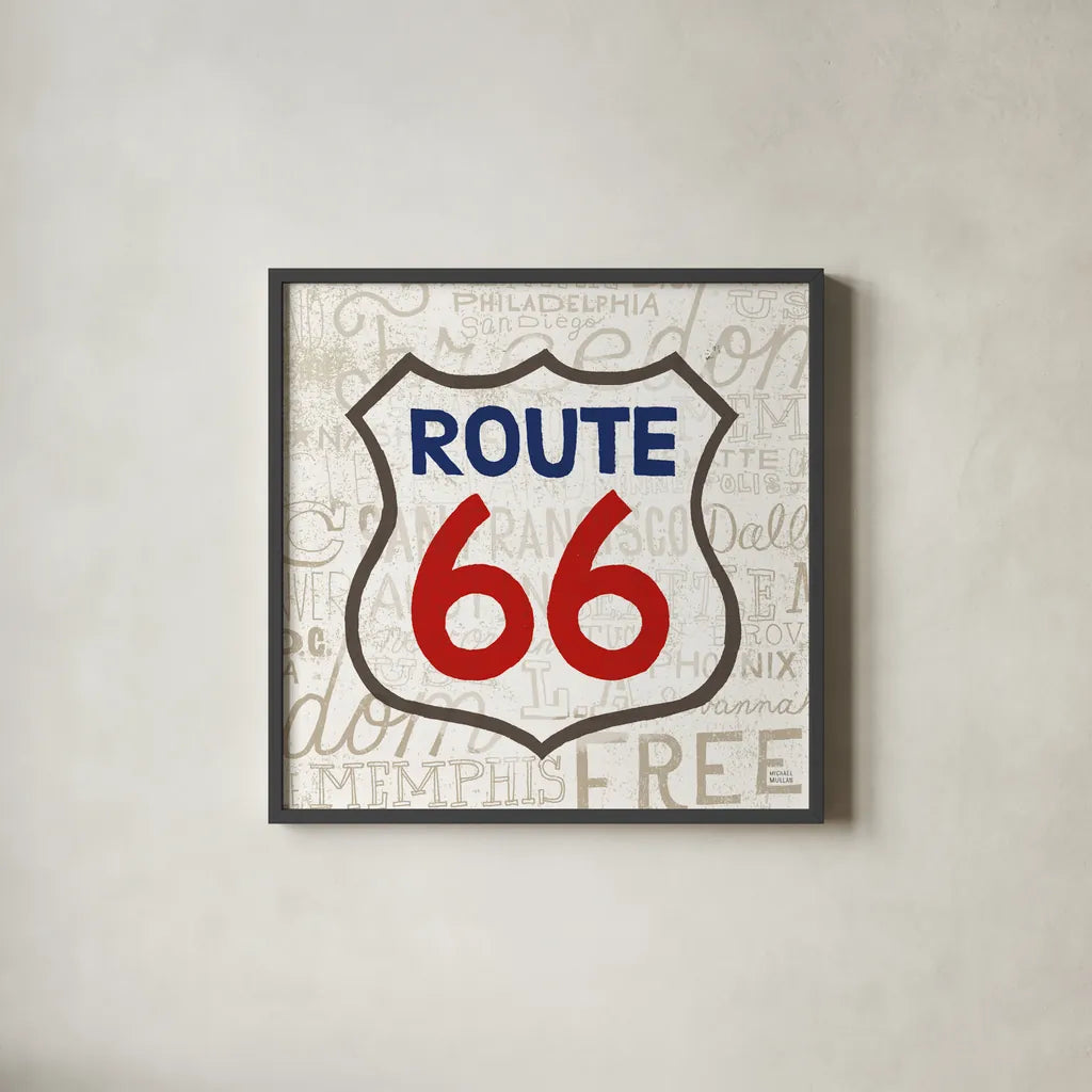 Road Trip Route 66 Navy Red by Michael Mullan. Shown in a sleek black glass frame for a contemporary gallery look. Available as an archival giclee rolled canvas, fine art paper, or poster print. SKU 32582a.